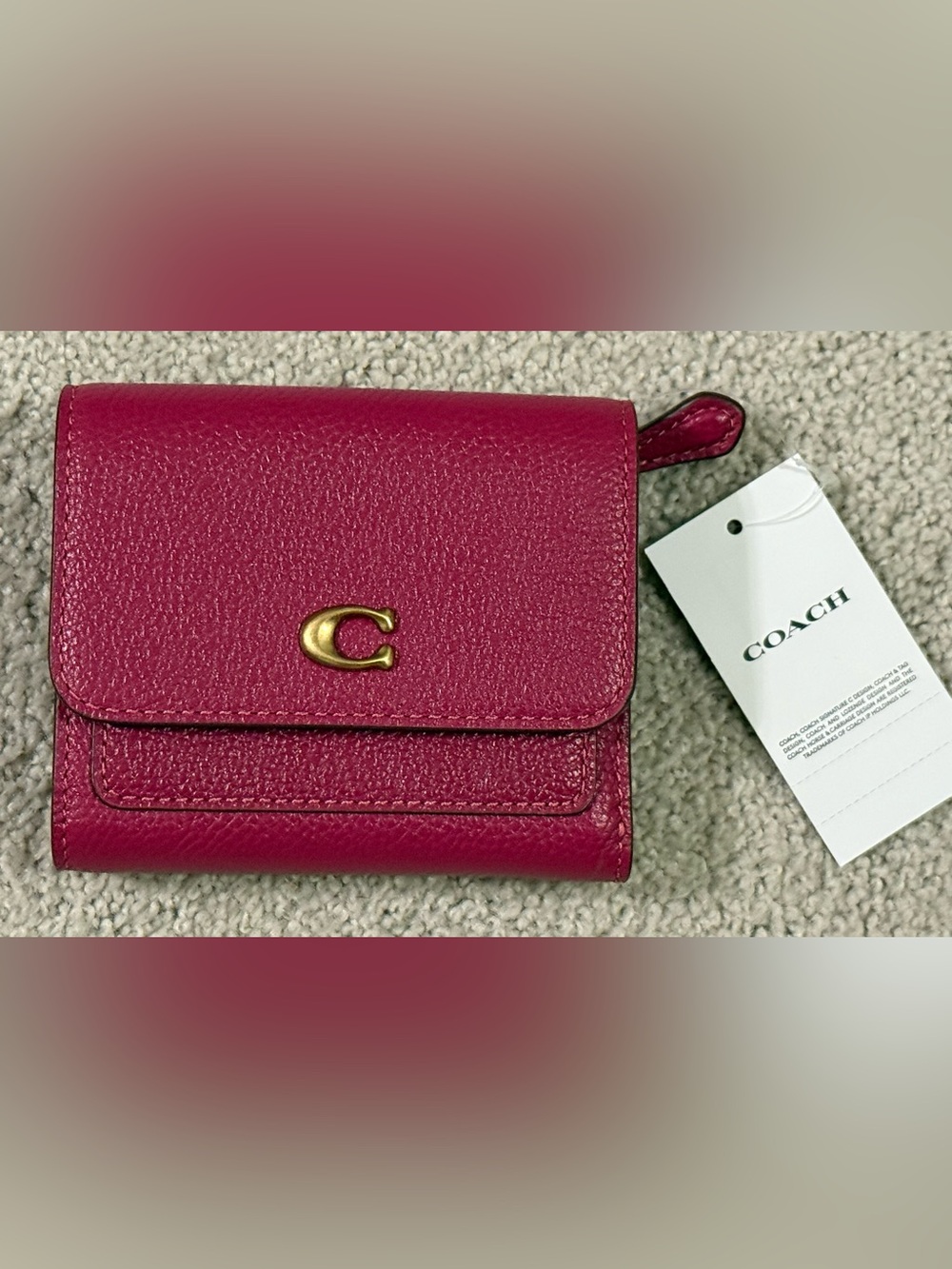 Coach Pebbled Dark Fuchsia Leather Mila Small Flap Wallet with Gold C Accent